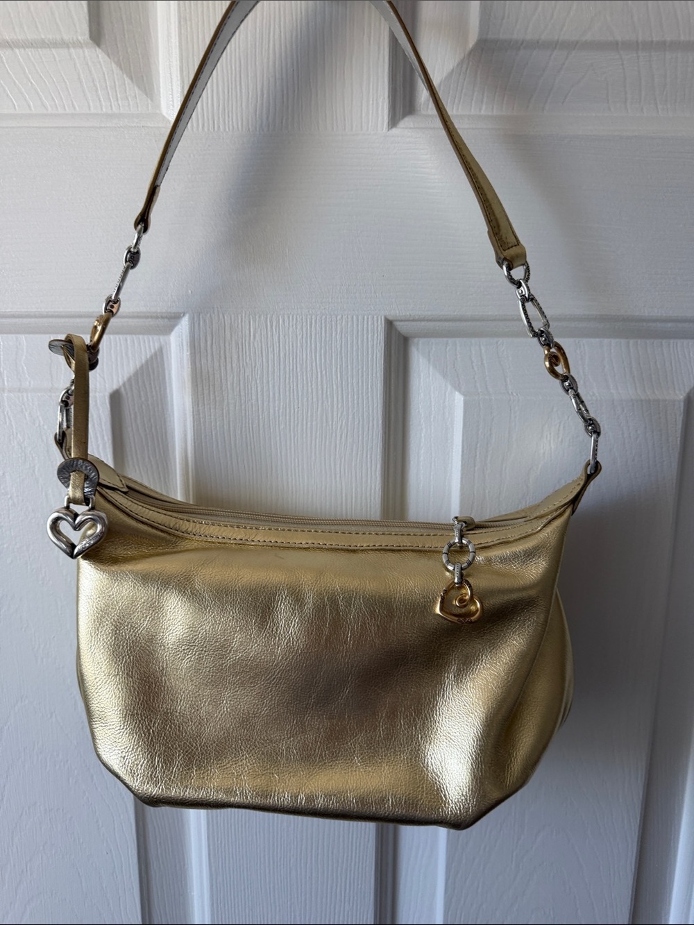 Brighton Metallic Gold Leather Shoulder Bag with Heart Charms